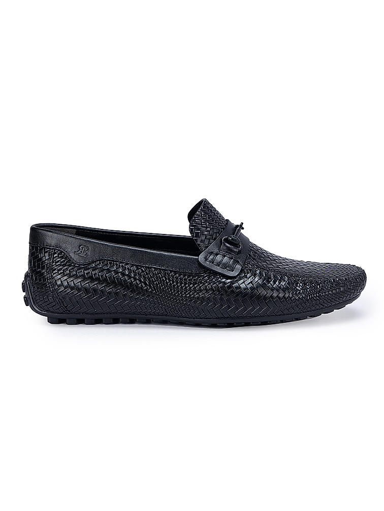 Black Textured Leather Moccasins