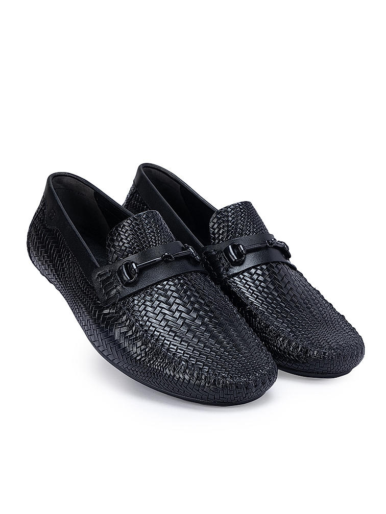 Black Textured Leather Moccasins