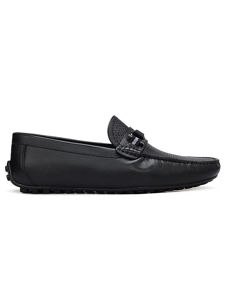 Black Perforated Leather Moccasins