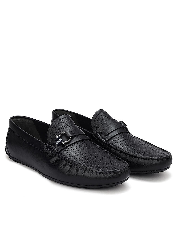 Black Perforated Leather Moccasins