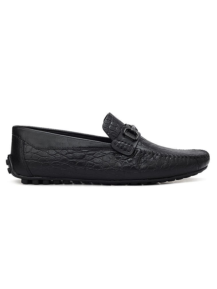 Black Croco Textured Moccasins