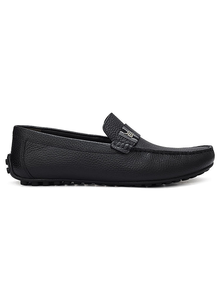 Black Textured Leather Moccasins