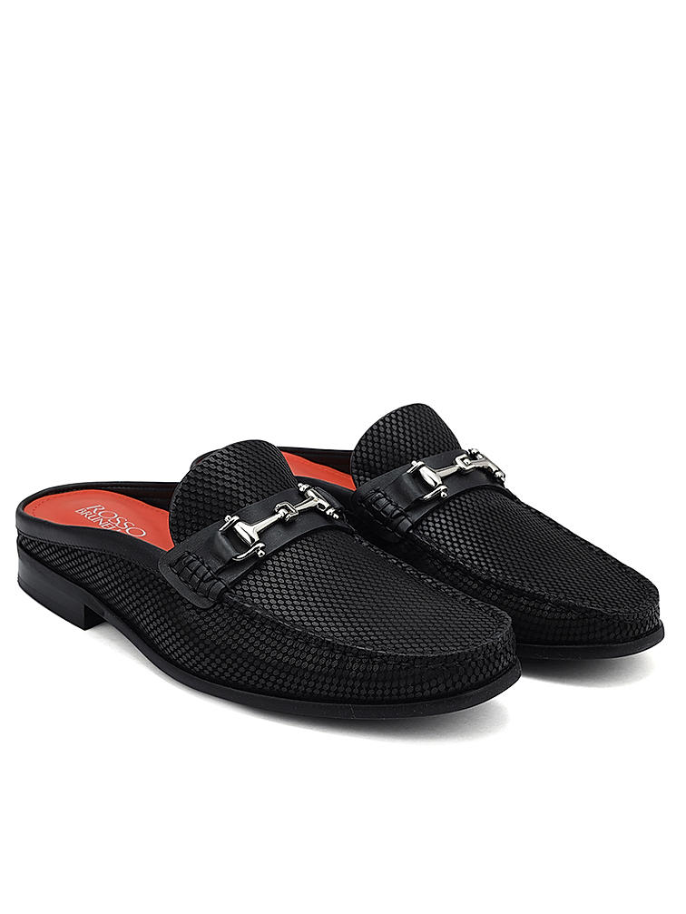 Black Laser Print Leather Mules