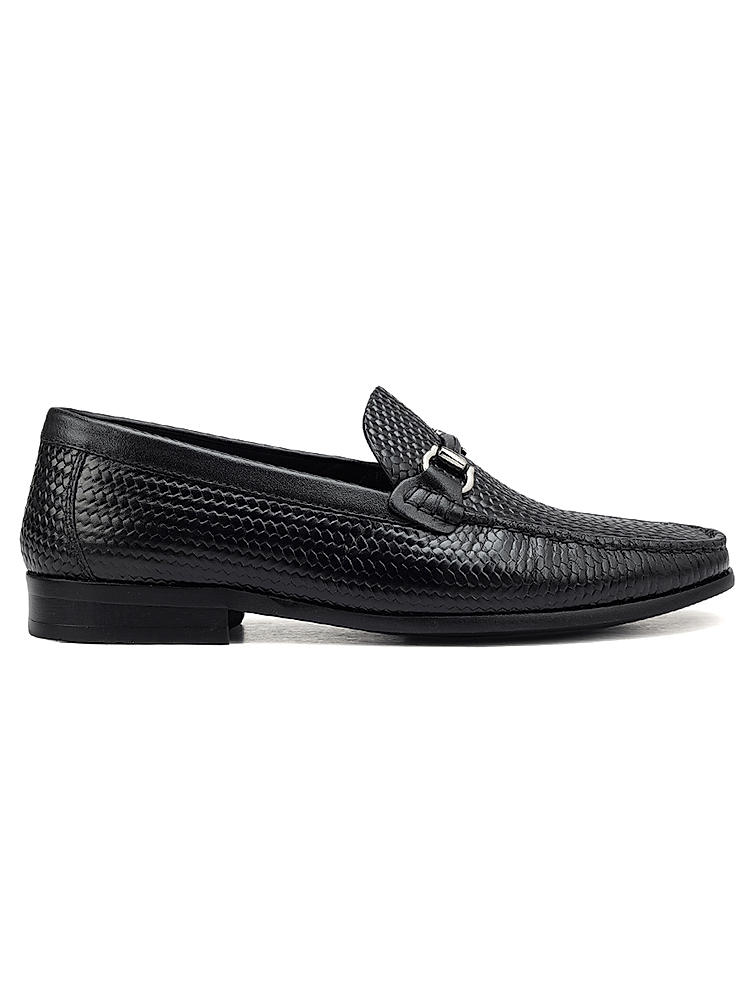 Black Textured Leather Heel Moccasins