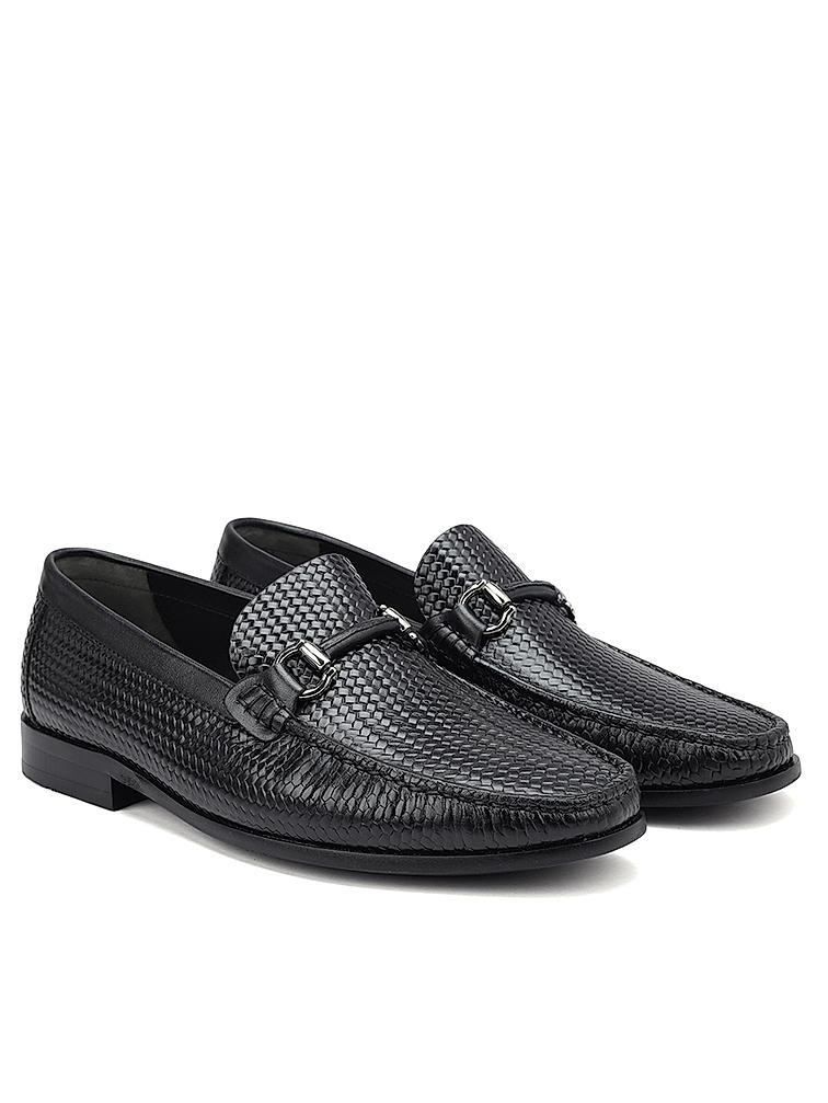 Black Textured Leather Loafers