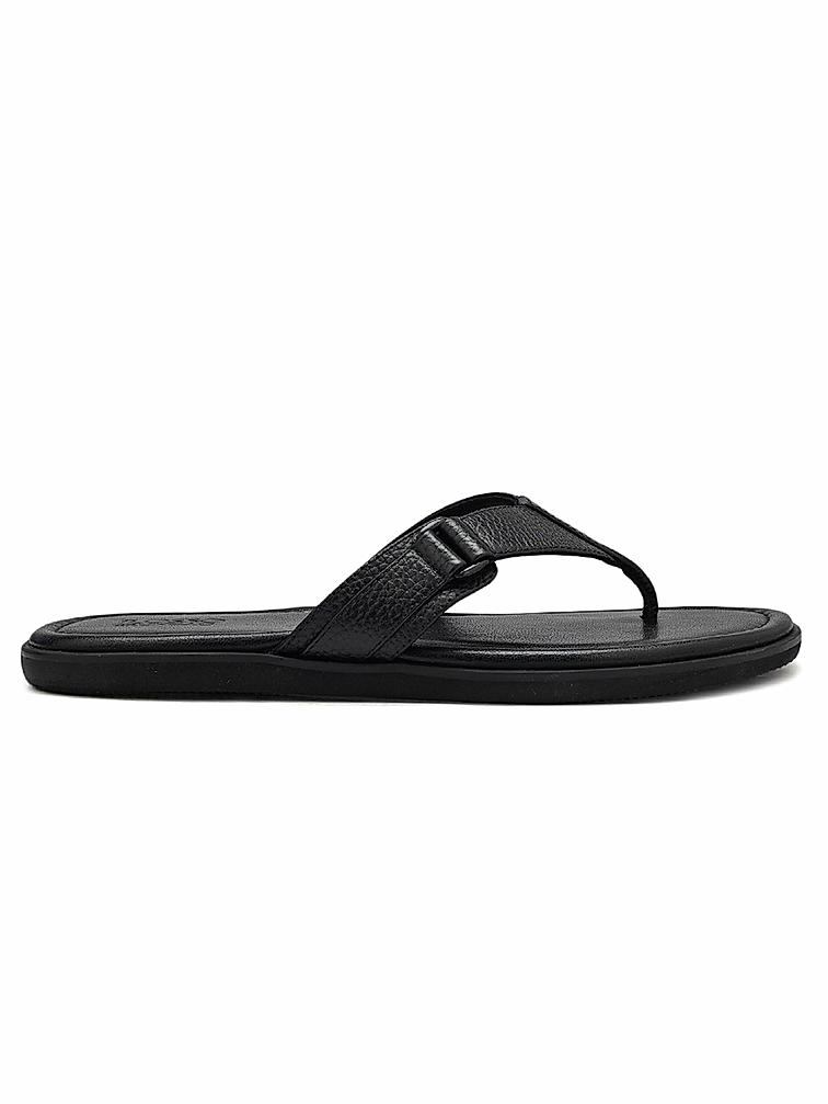 Black Textured Leather Thong Slippers