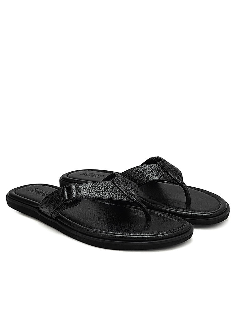 Black Textured Leather Thong Slippers