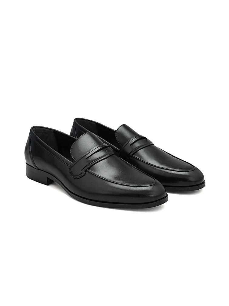 Black Plain Leather Loafers