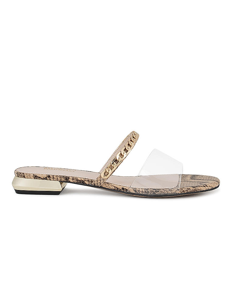 Beige Snake Textured Chain Strap Flats