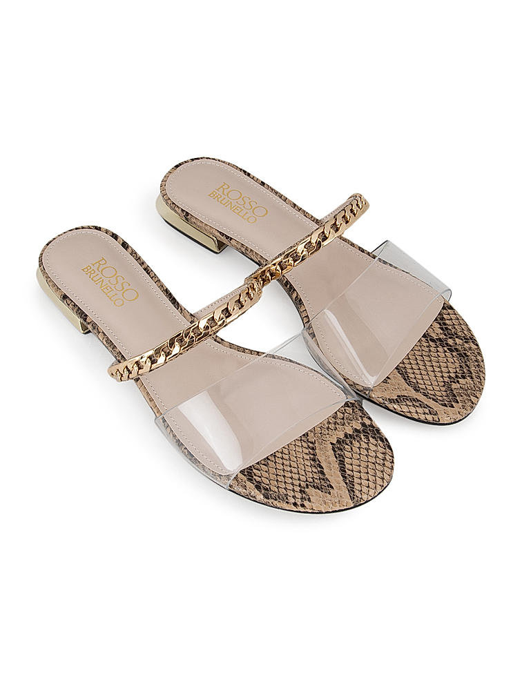 Beige Snake Textured Chain Strap Flats