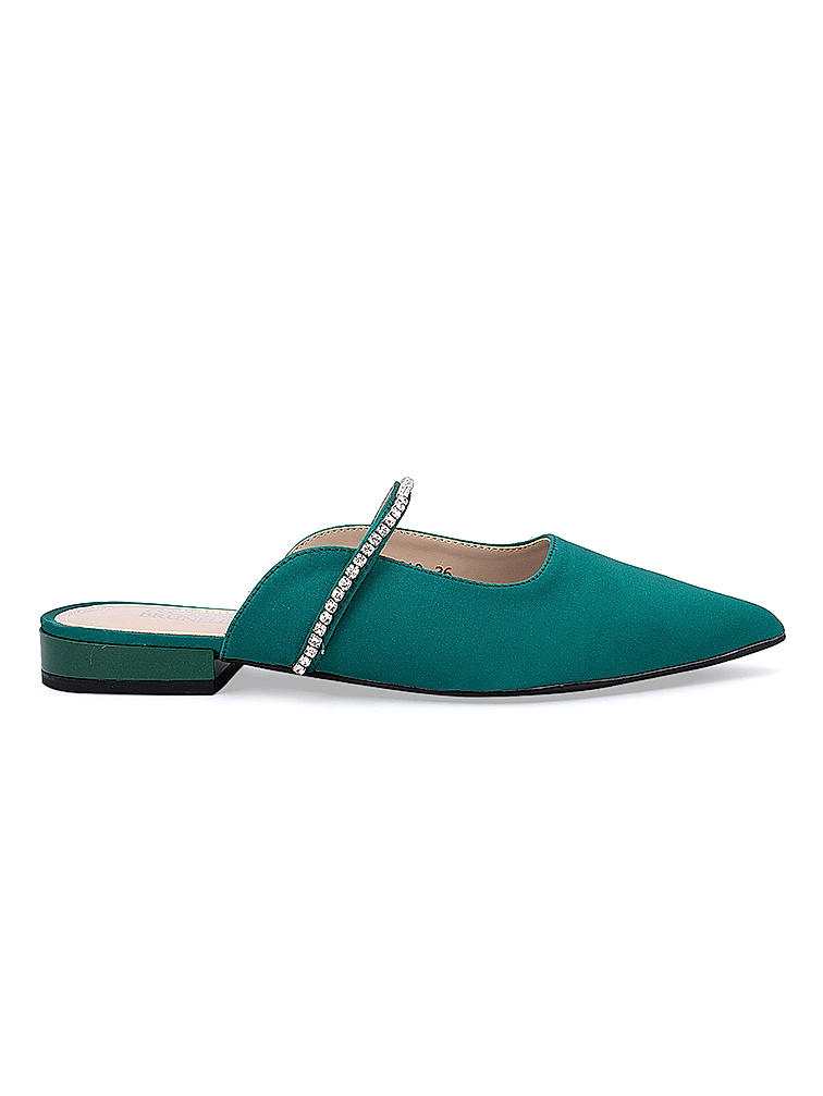 Green Faux Suede Mules with Embellished Strap