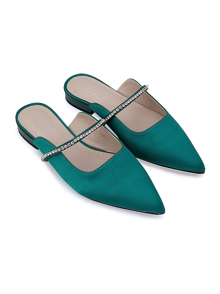 Green Faux Suede Mules with Embellished Strap