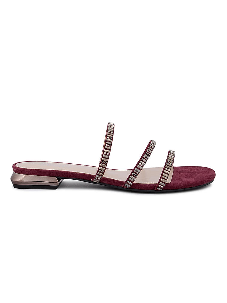 Burgundy Stud Embellished Strappy Flats