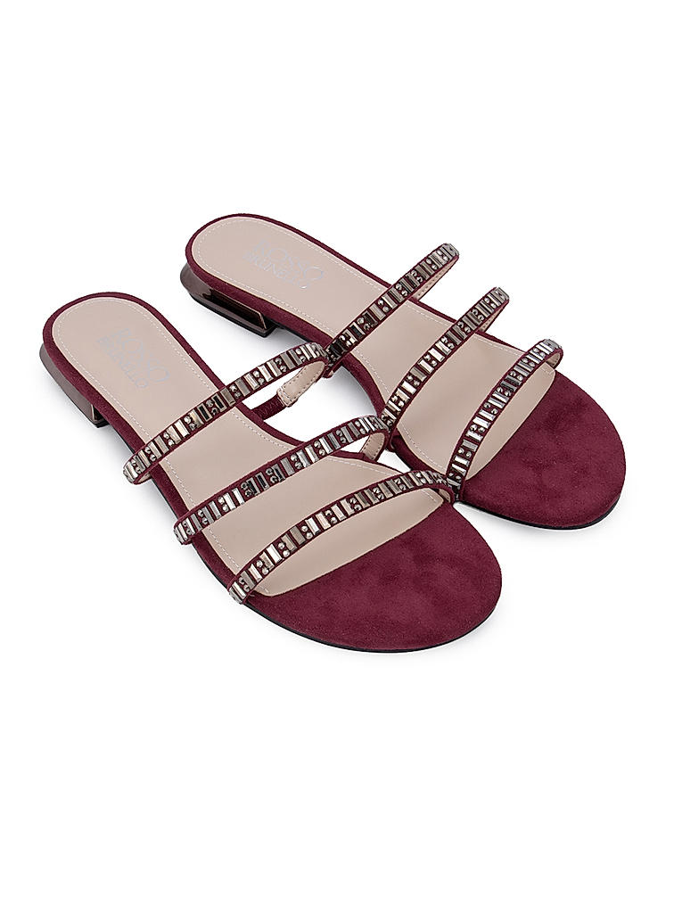 Burgundy Stud Embellished Strappy Flats