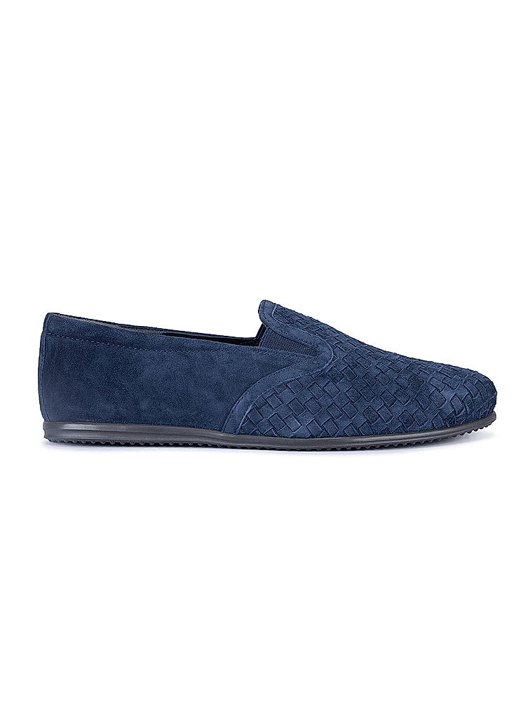 Navy Suede Woven Pattern Loafers