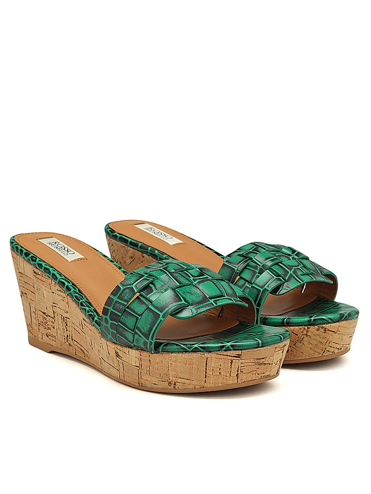 Green Textured Leather Wedges