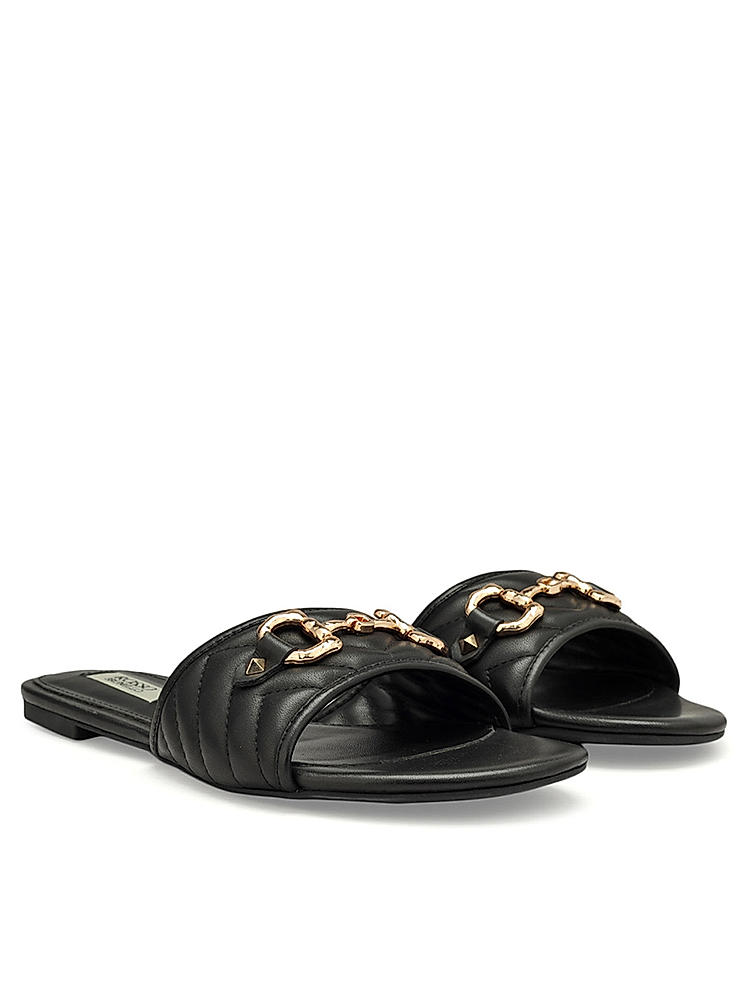 Black Leather Flats With Gold Embellishment