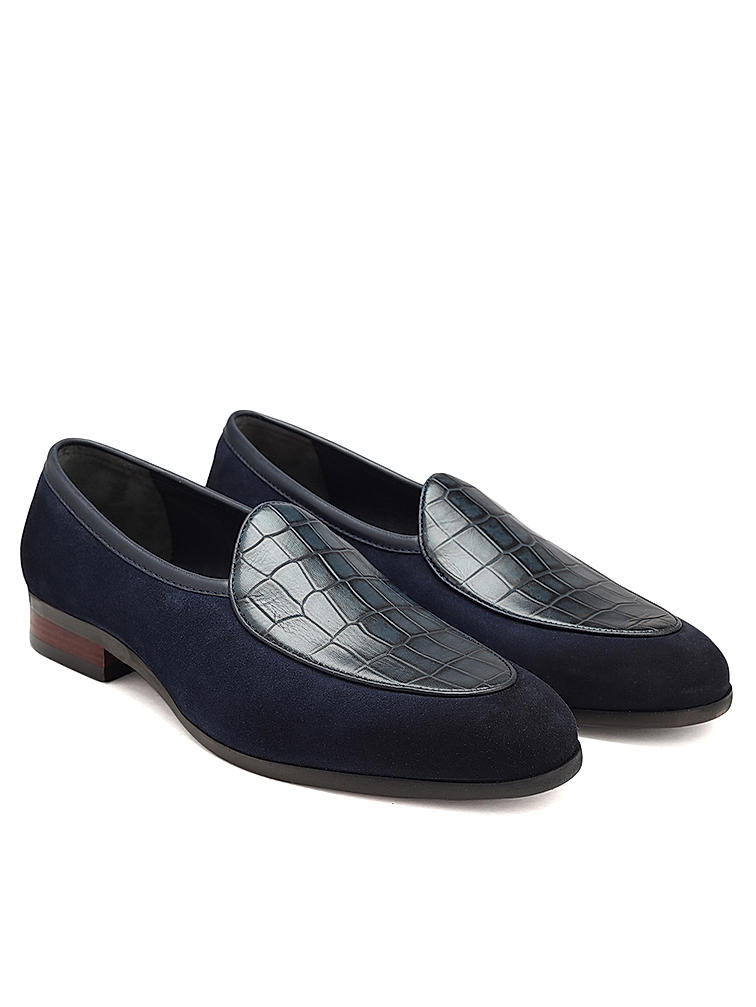 Navy Croco Textured Loafers