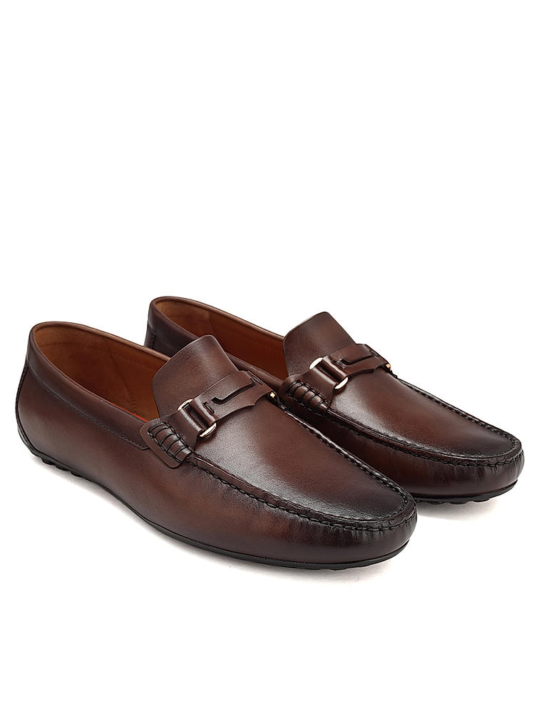 Coffee Leather Moccasins With Panel