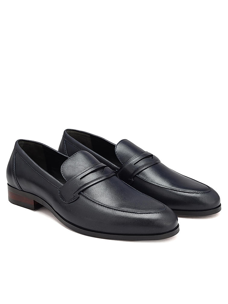 Navy Plain Leather Loafers