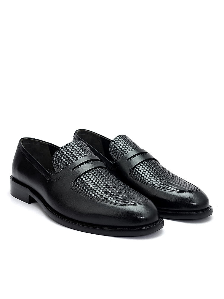 Black Textured Leather Loafers