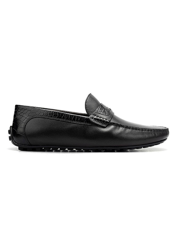 Black Leather Moccasins With Panel On Top