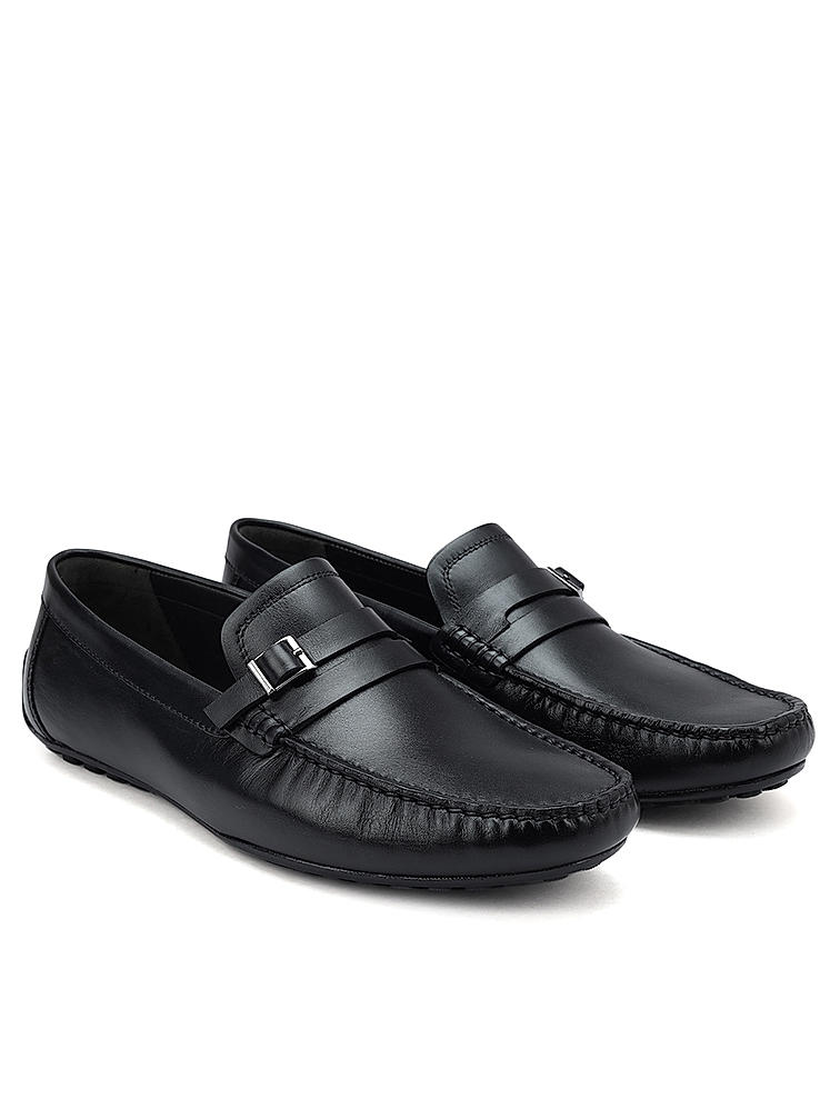 Black Plain Leather Moccasins