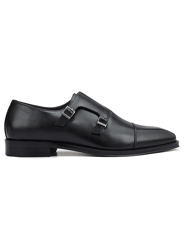 Black Plain Double Monk Strap Shoes