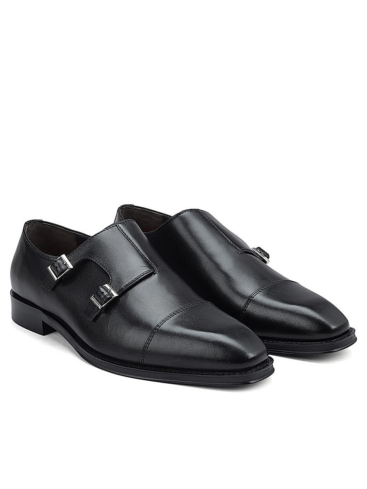 Black Plain Double Monk Strap Shoes