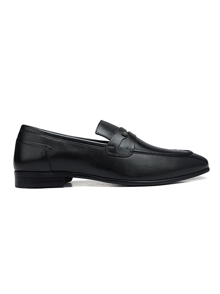 Black Plain Leather Loafers