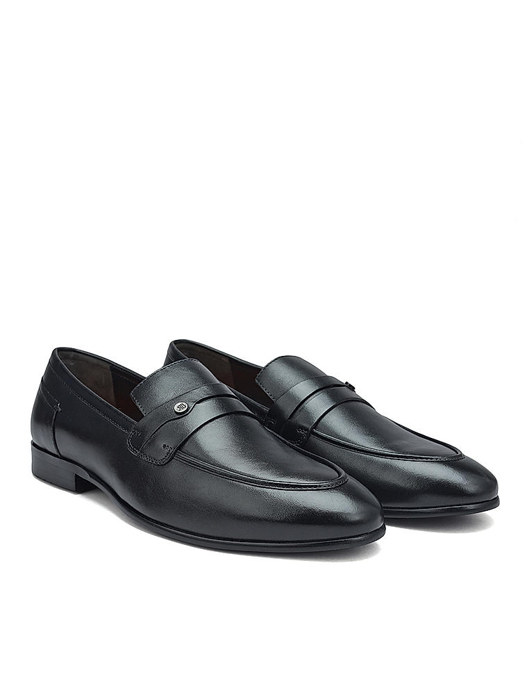 Black Plain Leather Loafers