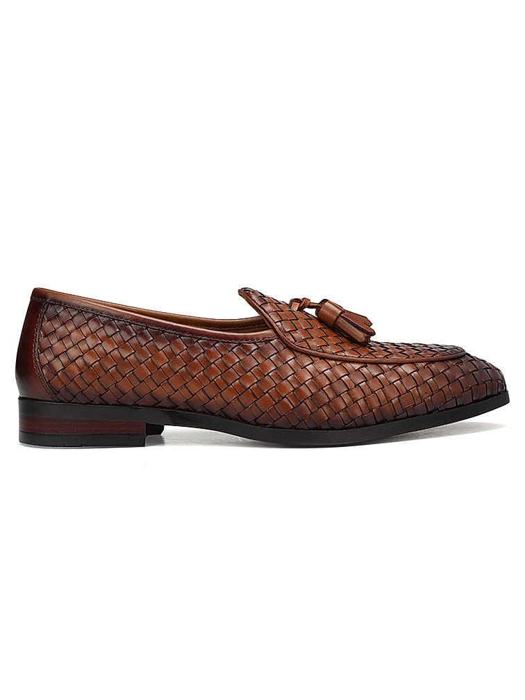 Tan Woven Leather Loafers With Tassels