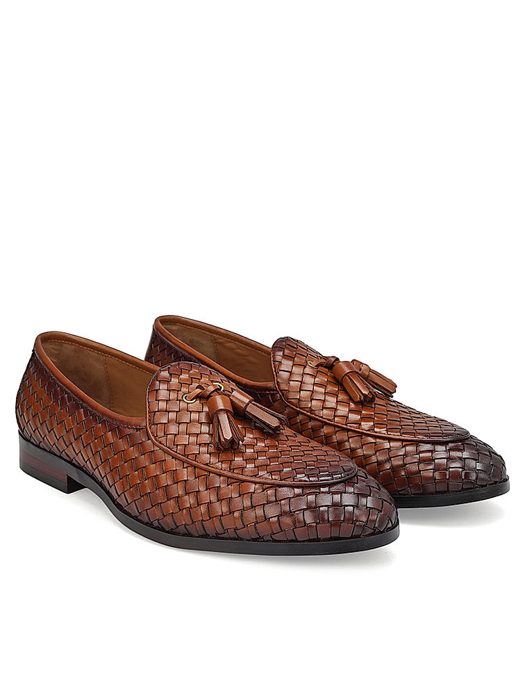 Tan Woven Leather Loafers With Tassels