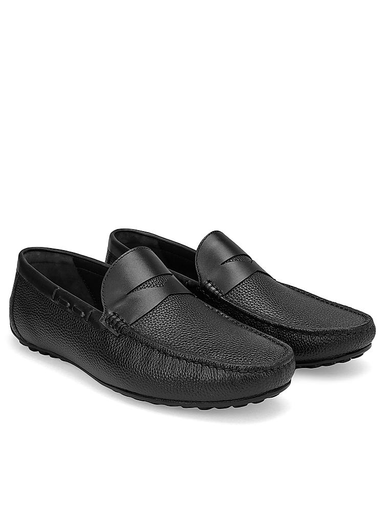 Black Textured Leather Moccasins