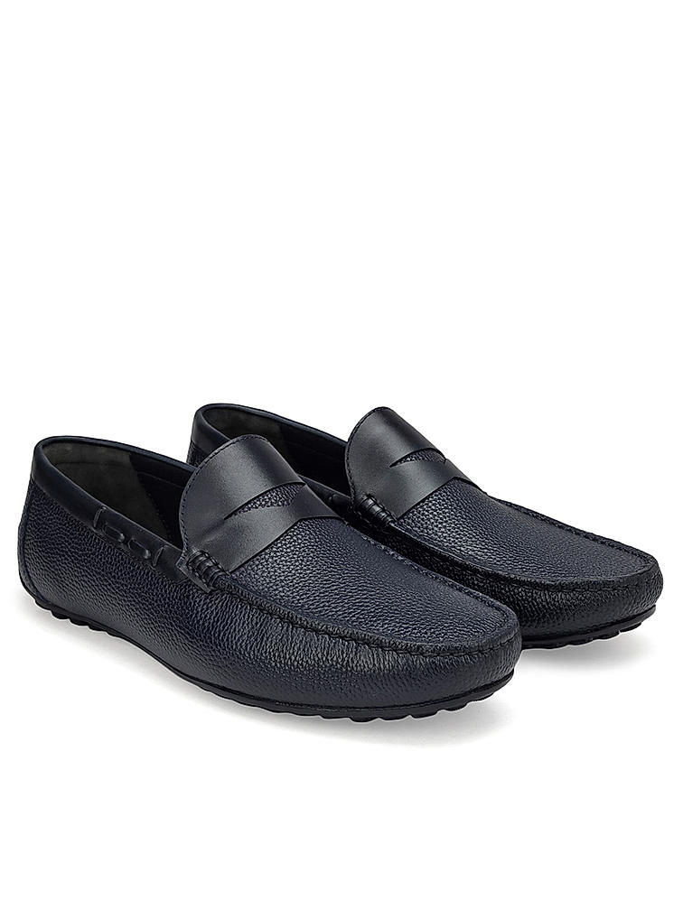 Navy Textured Leather Moccasins