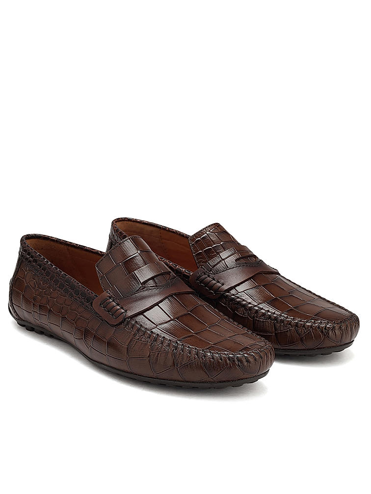 Coffee Croco Leather Loafers