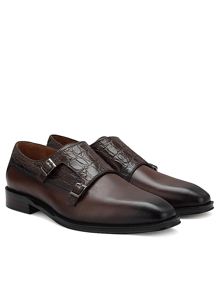 Coffee Croco Textured Monk Straps