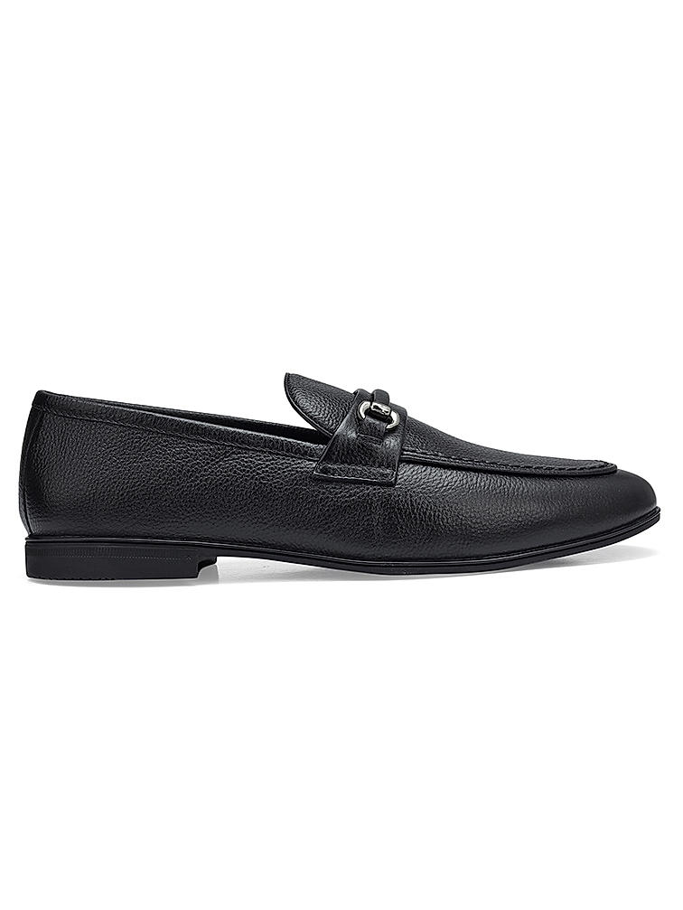 Black Textured Leather Loafers