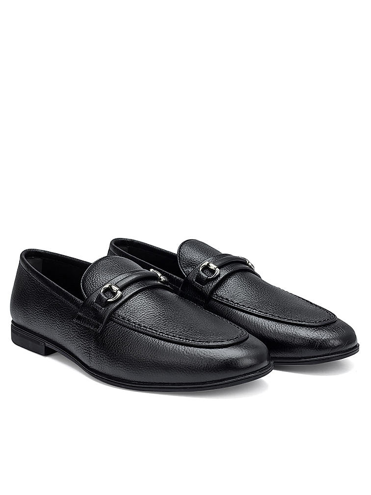 Black Textured Leather Loafers