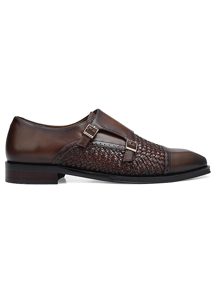 Brown Textured Leather Monk Straps