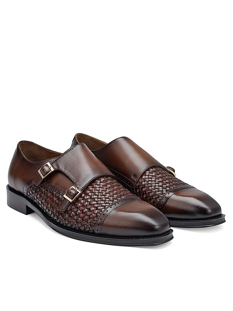 Brown Textured Leather Monk Straps