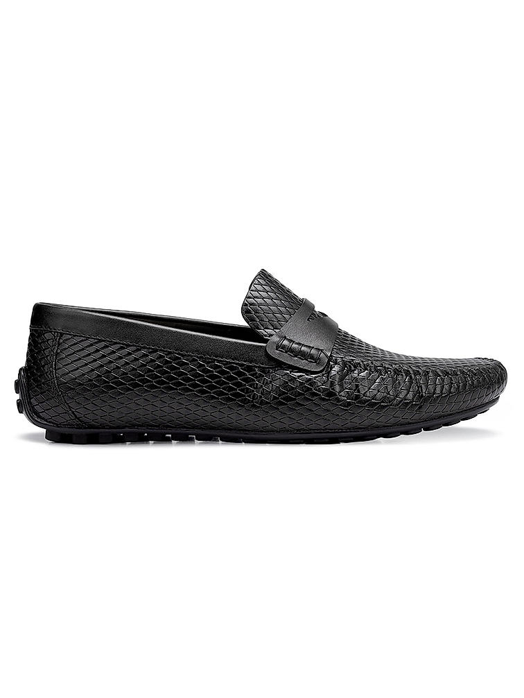 Black Textured Leather Moccasins