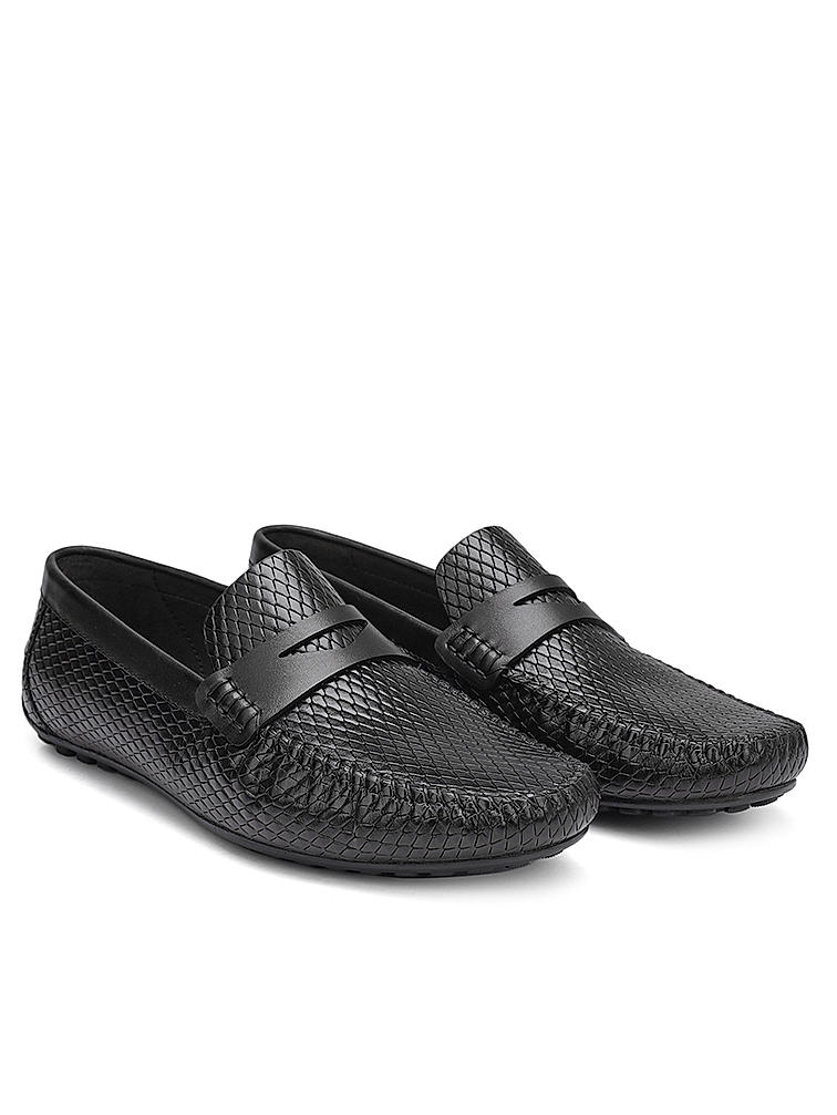 Black Textured Leather Moccasins