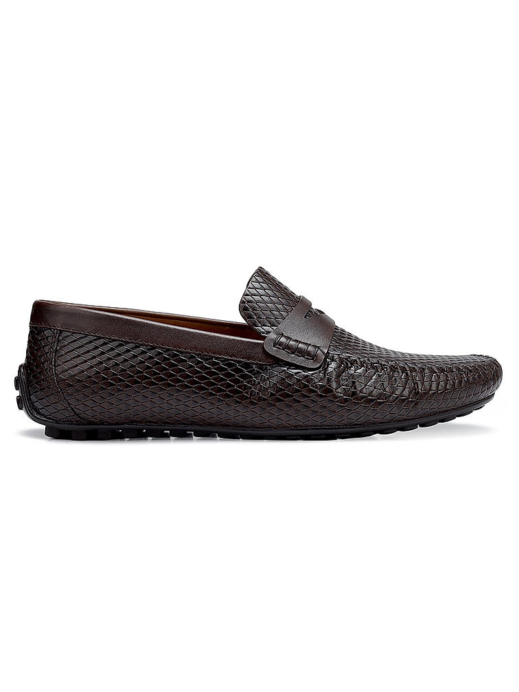 Brown Textured Leather Moccasins