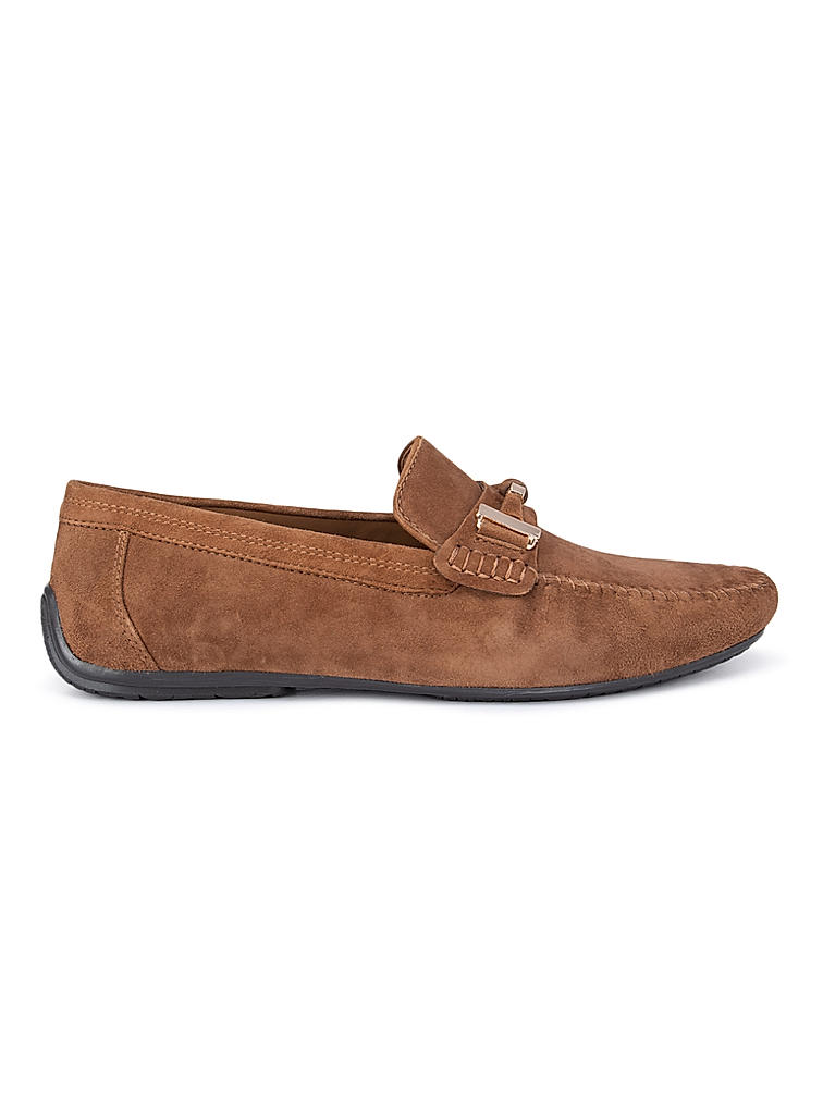 Camel Suede Moccasins With Metal  Buckle