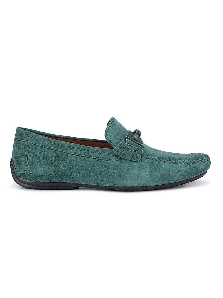 Green Suede Moccasins With Metal  Buckle