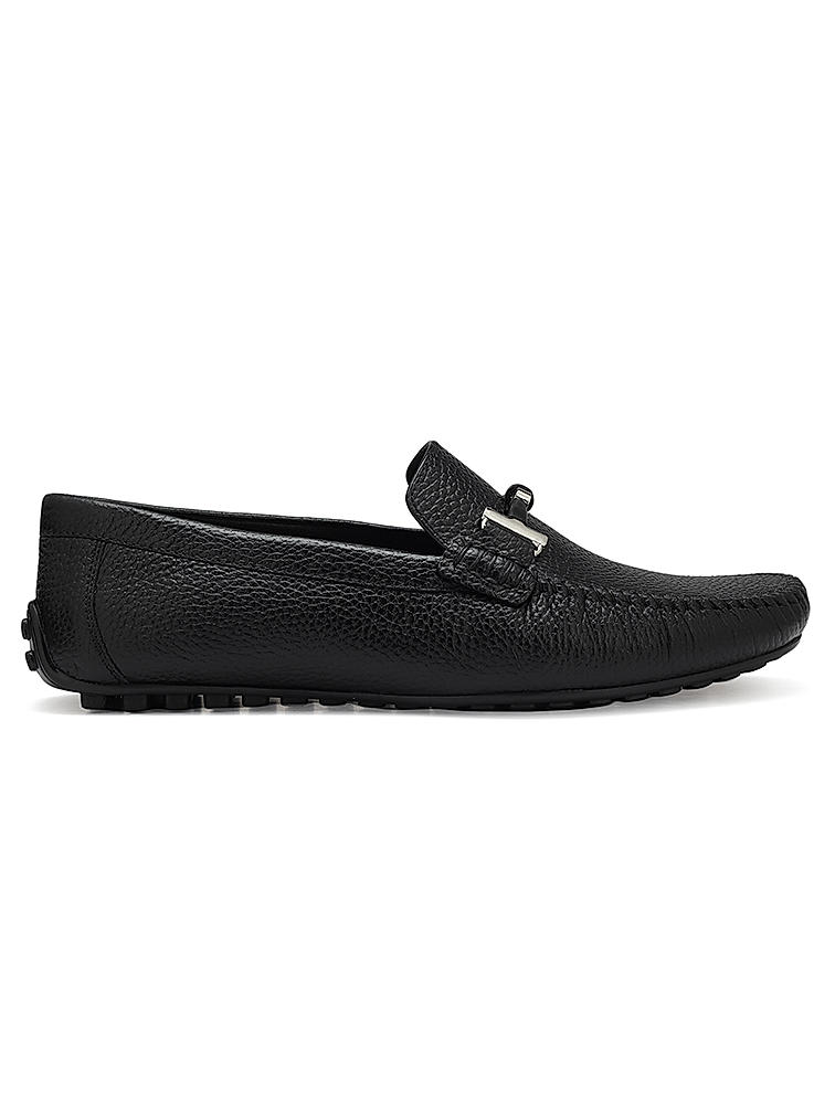 Black Textured Leather Moccasins