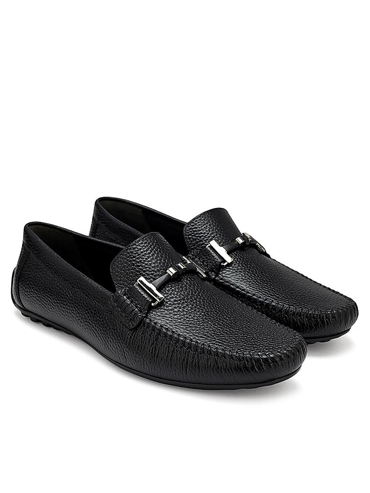 Black Textured Leather Moccasins