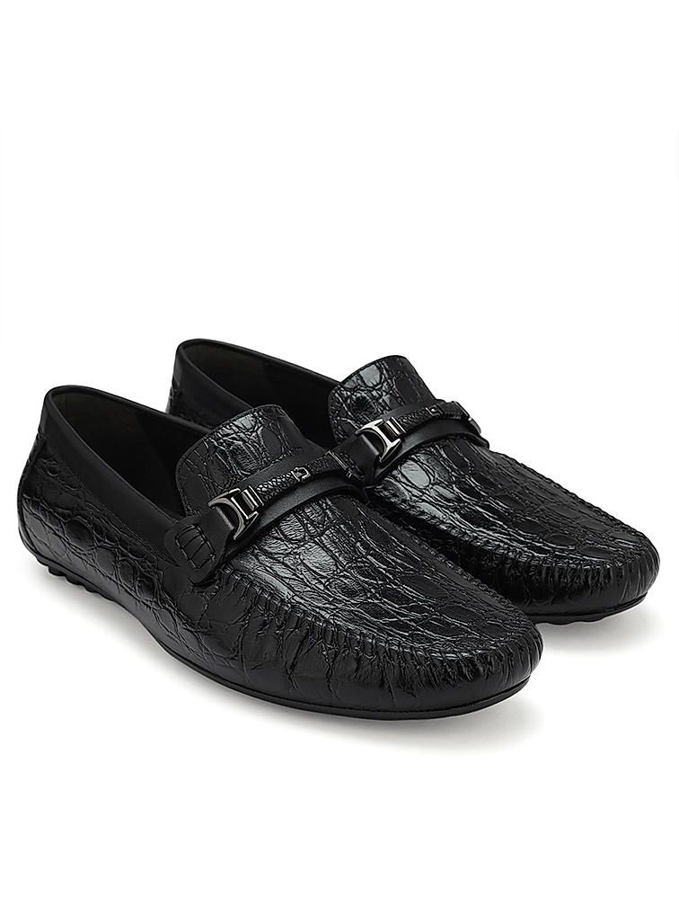 Black Croco Textured Moccasins