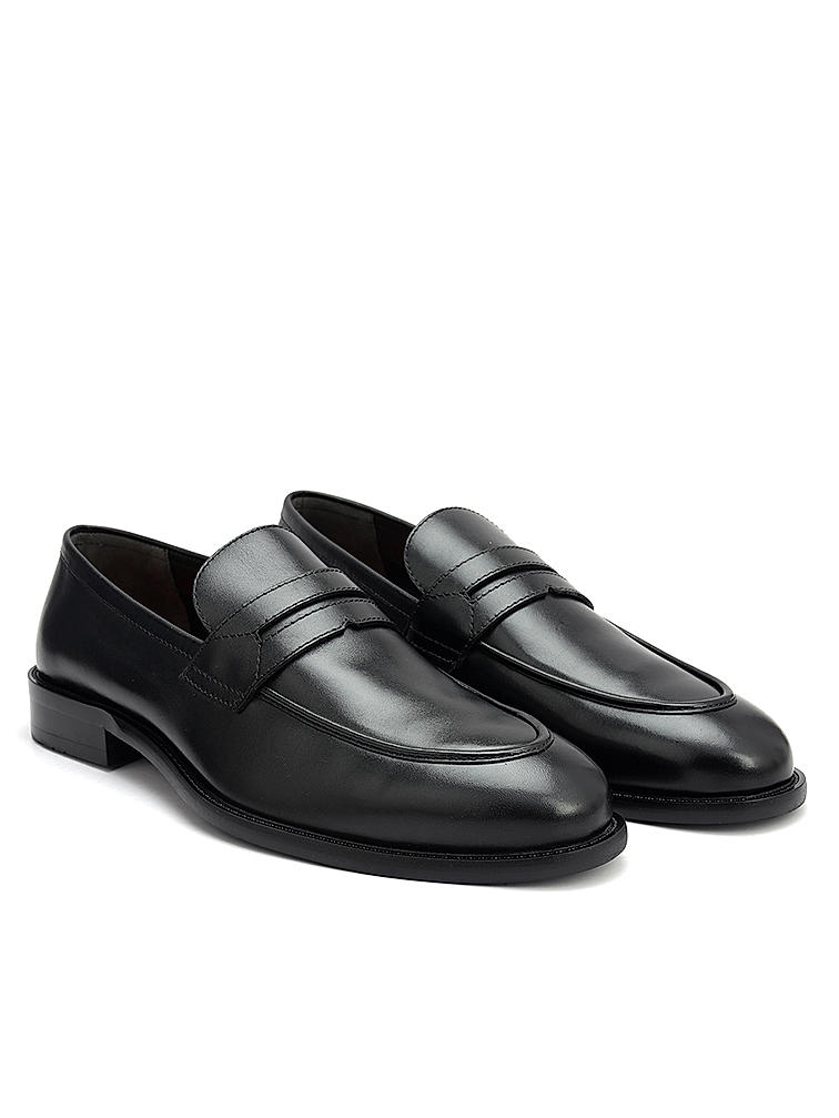 Black Plain Leather Loafers